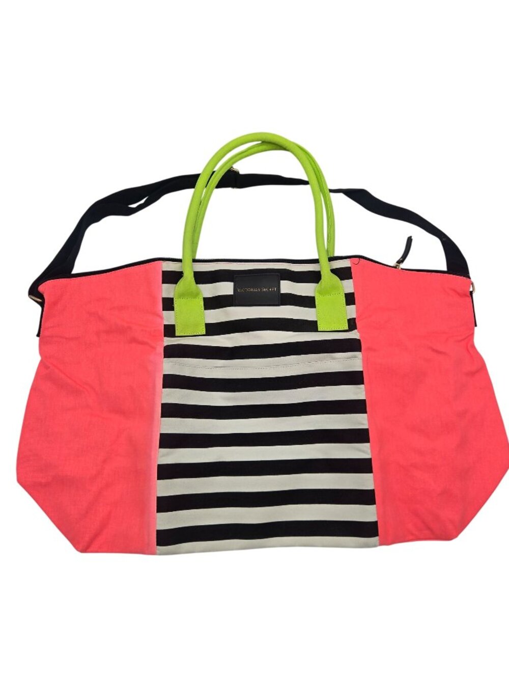 Victorias Secret Striped Pink Tote Bag With Neon Green Handles 26in x 16in